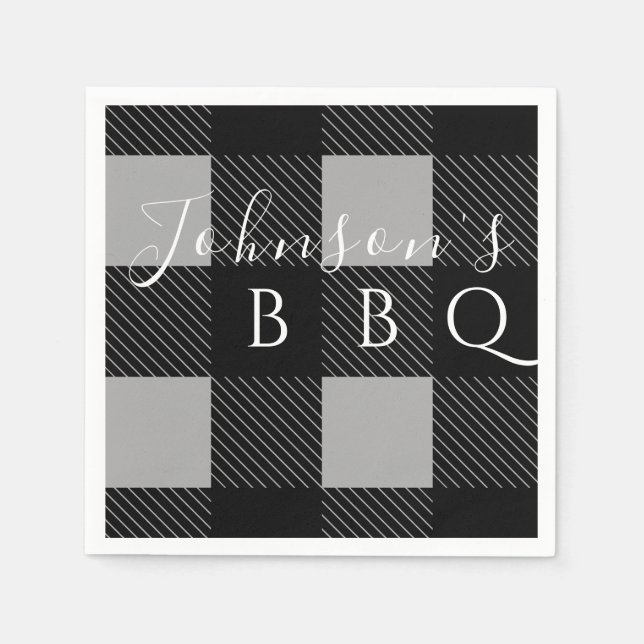 Personlized Name Grey Black Buffalo Check BBQ Napkin (Front)