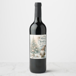 Personlized Whimsical Christmas Gnome and Tree Wine Label