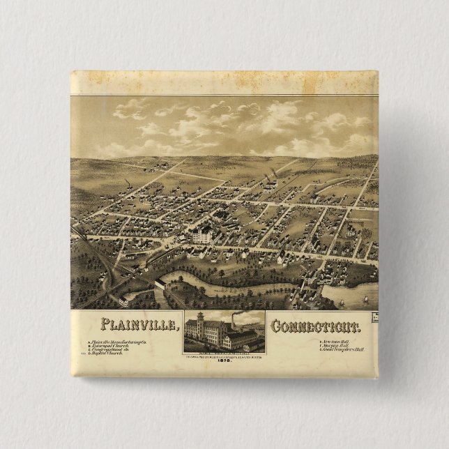 Perspective Map of Plainville Connecticut (1878) 15 Cm Square Badge (Front)