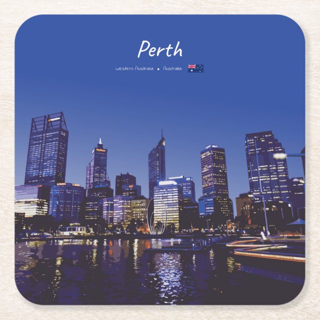Perth, Australia - City Skyline Night Square Paper Coaster (Front)