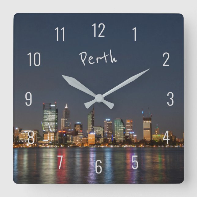 Perth Australia Skyline Night Reflections River Square Wall Clock (Front)