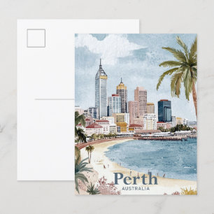 Perth Australia Watercolor Painting Travel Postcard