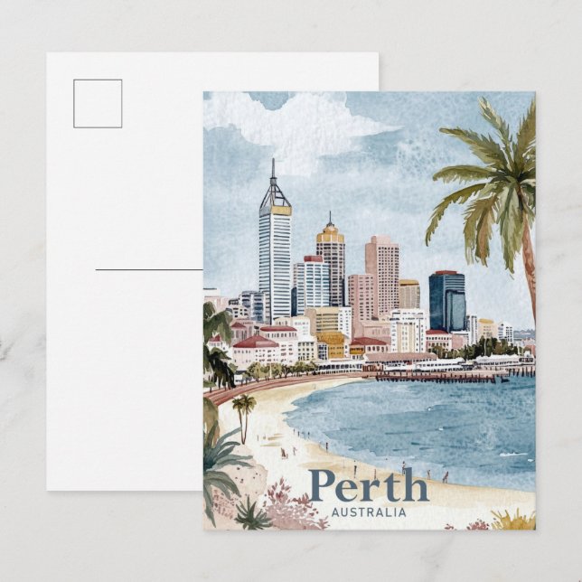 Perth Australia Watercolor Painting Travel Postcard (Front/Back)