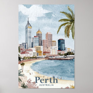 Perth Australia Watercolor Painting Travel Poster