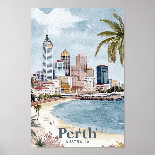 Perth Australia Watercolor Painting Travel Poster (Front)