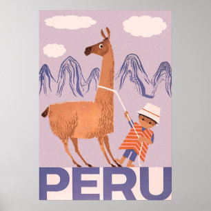 Peru, a boy with big lama, vintage travel poster
