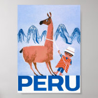 Peru and Llama Retro Vintage Travel Poster