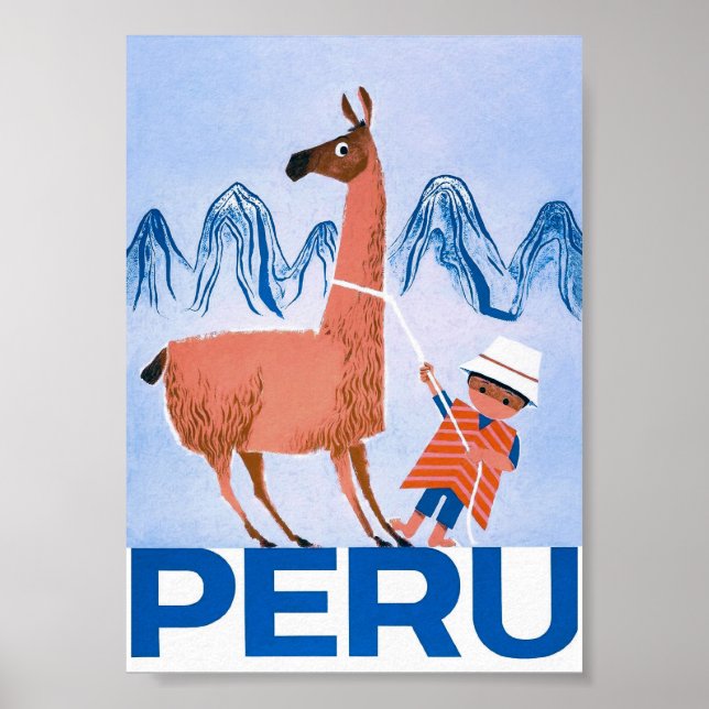 Peru and Llama Retro Vintage Travel Poster (Front)