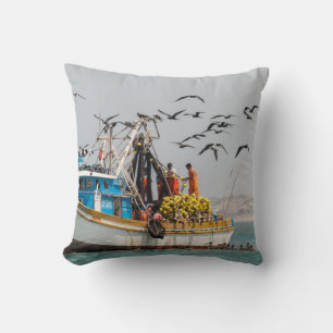 Peru, Los Organos. Fishing Boat In Los Organos Cushion