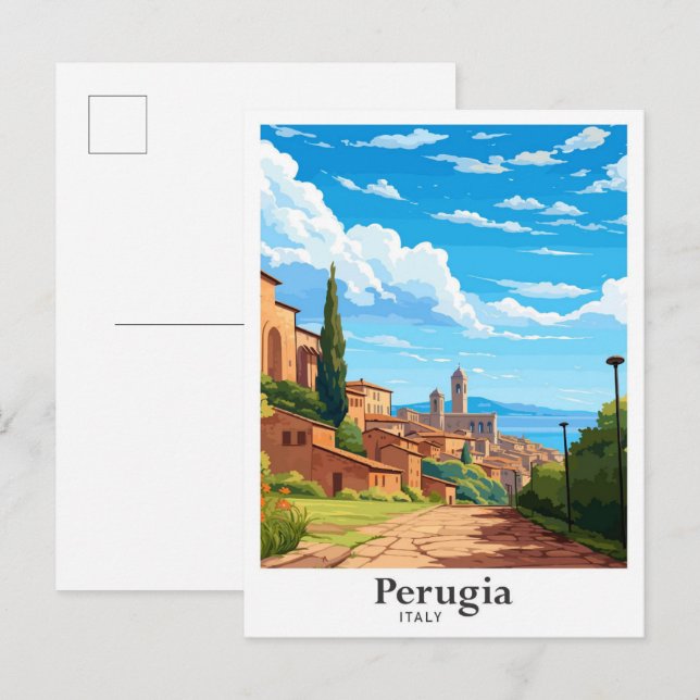 Perugia Italy Art Vintage Travel Illustration Postcard (Front/Back)