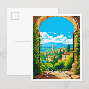 Perugia Italy vintage travel illustration Postcard