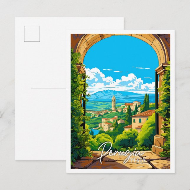 Perugia Italy vintage travel illustration Postcard (Front/Back)