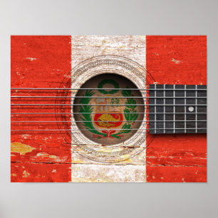 Peruvian Flag on Old Acoustic Guitar Poster