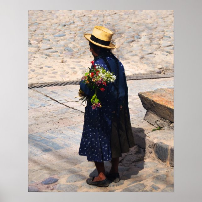 Peruvian Woman Holding Flowers Poster (Front)