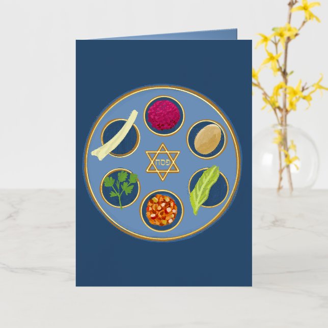 Pesach Seder Plate Happy Passover Jewish Foil Holiday Card (Yellow Flower)