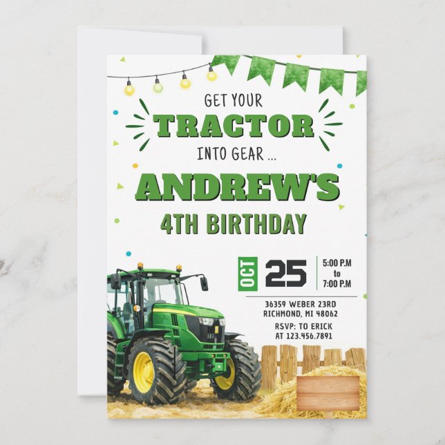 Pesonal Boy Tractor Birthday party Invitation (Front)