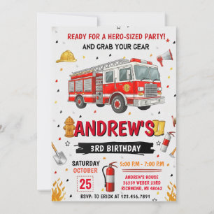 Pesonal FireFigher truck Birthday Party Invitation