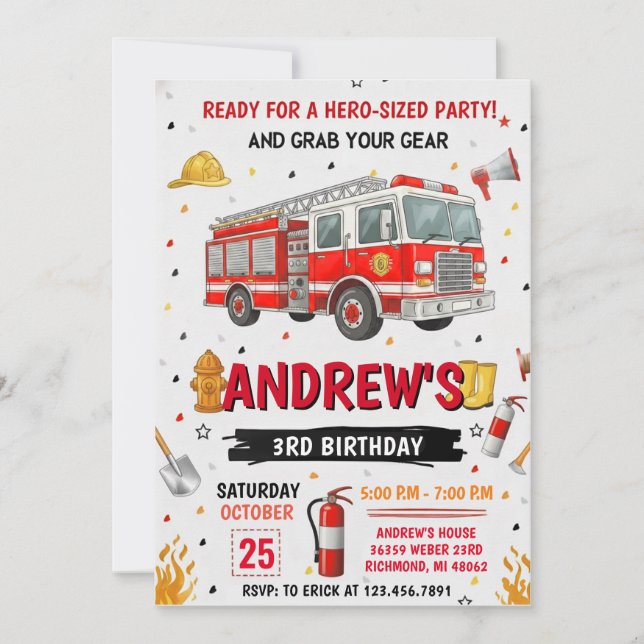 Pesonal FireFigher truck Birthday Party  Invitation (Front)