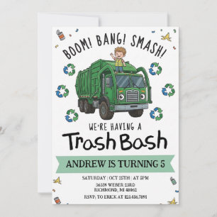 Pesonal Garbage Trash Truck Birthday for kids Invitation