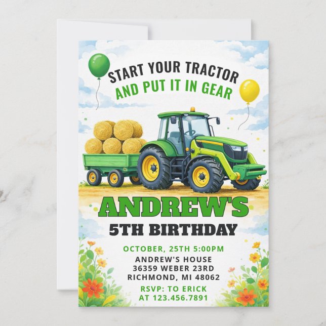 Pesonal Green Farm Tractor Birthday Invitation (Front)