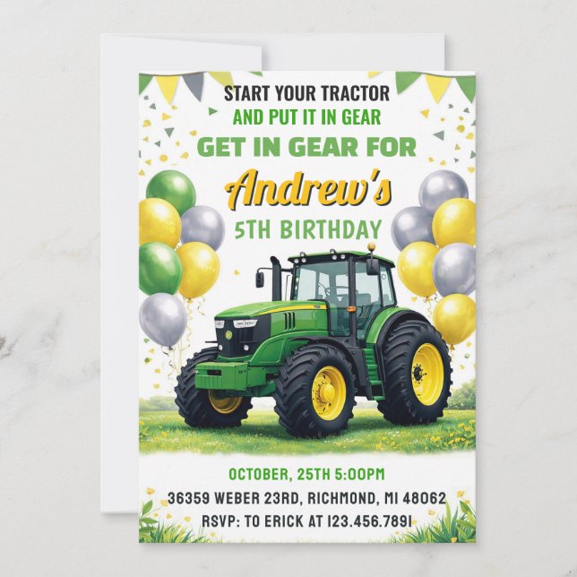 Pesonal Green Tractor Birthday Party Invitation (Front)