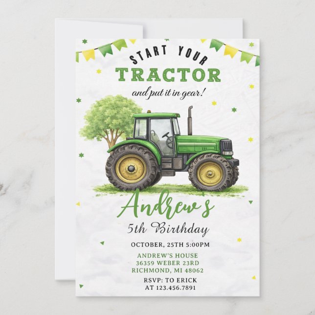 Pesonal Green Tractor Farm Birthday Invitation (Front)