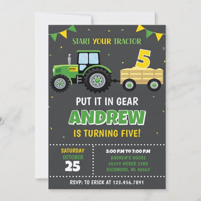 Pesonal Green Yellow Tractor Birthday Invitation (Front)