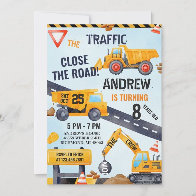 Pesonal Modern Construction Birthday With Photo Invitation (Front)