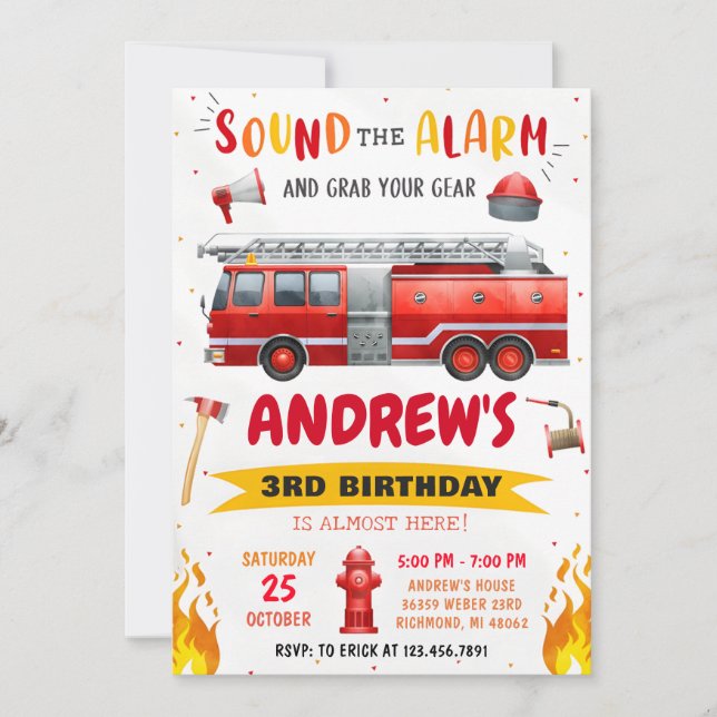 Pesonal Modern Fire truck Birthday Party  Invitation (Front)