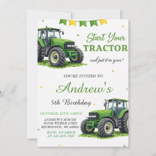 Pesonal Modern Green Tractor Birthday Invitation