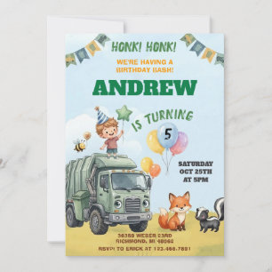 Pesonal watercolor Garbage Truck Birthday  Invitation