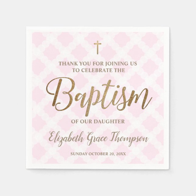 Pesonalized Baby Girl Modern Gold Pink Baptism Napkin (Front)