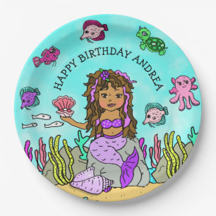 Pesonalized Ethnic Hand darwn  Mermaid Birthday Paper Plate