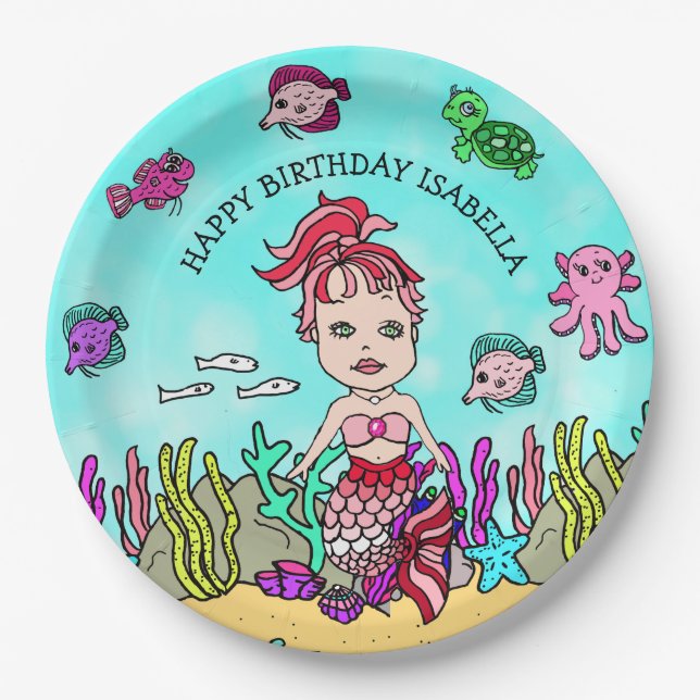 Pesonalized Hand darwn Mermaid Birthday Paper Plate (Front)