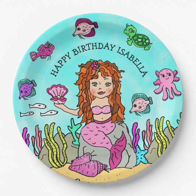 Pesonalized Hand darwn Mermaid Birthday Paper Plate (Front)