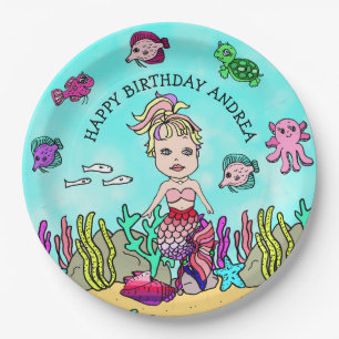 Pesonalized Pink Purple Blonde  Mermaid Birthday Paper Plate