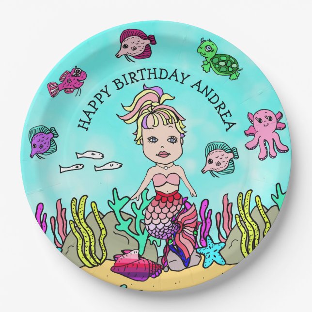 Pesonalized Pink Purple Blonde  Mermaid Birthday Paper Plate (Front)