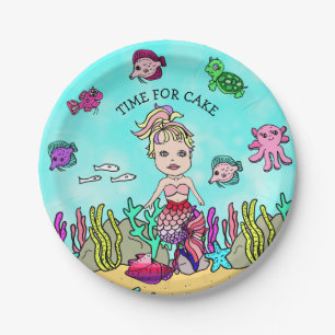 Pesonalized Pink Purple Blonde  Mermaid Birthday Paper Plate