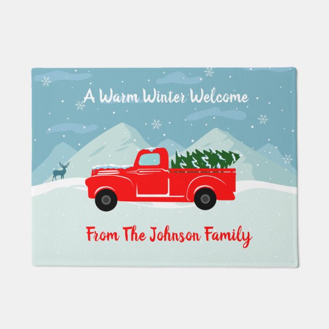 Pesonalized Red Truck Christmas Tree Holiday Doormat (Front)