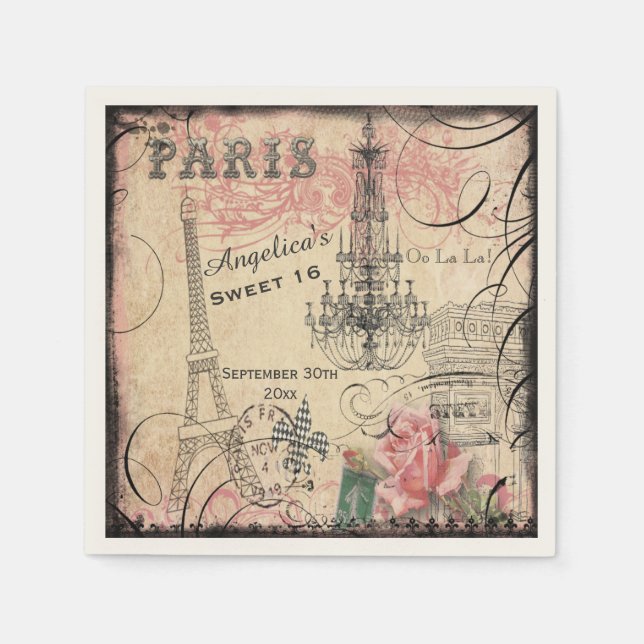 Pesonalized Sweet 16 Eiffel Tower and Chandelier Napkin (Front)