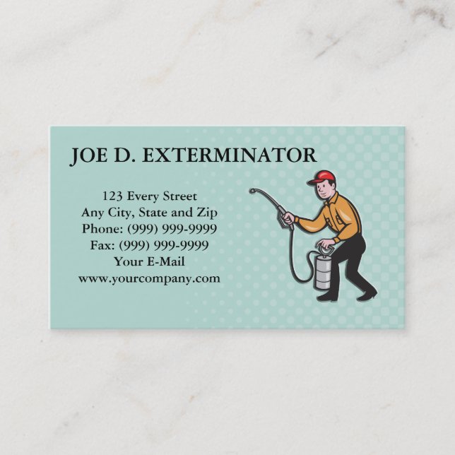 Pest Control Exterminator Worker Spraying Cartoon Business Card (Front)
