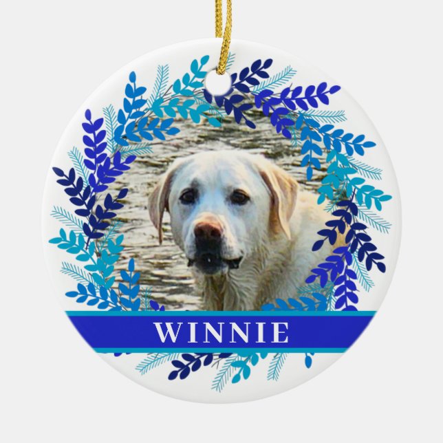 Pet 2 Photo Blue Wreath Christmas Wreath Ceramic Tree Decoration (Front)