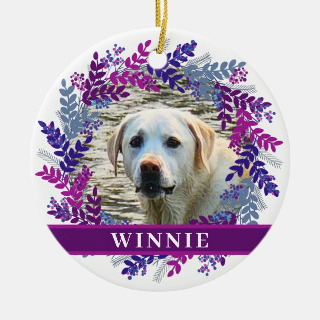 Pet 2 Photo Pink Purple Wreath Christmas Wreath Ceramic Tree Decoration (Front)