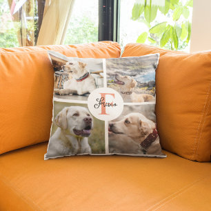 Pet 4 Photo Collage Name Dog Monogram Cushion