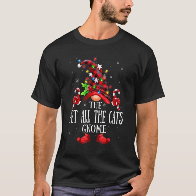Pet All The Cats Gnome Lights Red Plaid Matching F T-Shirt (Front)