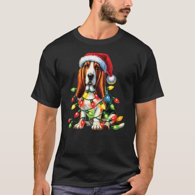 Pet Animal Basset Hound Dog Lover Santa hat Christ T-Shirt (Front)