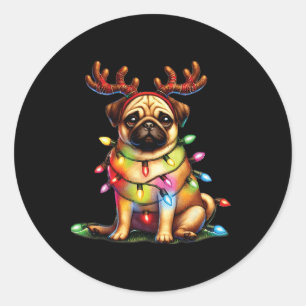 Pet Animal Lovers Cute Pug Dogs Reindeer Antlers C Classic Round Sticker
