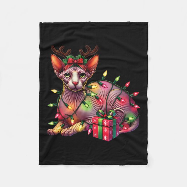 Pet Animal Lovers Cute Sphynx Cat Reindeer Antlers Fleece Blanket (Front)