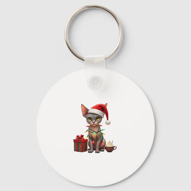 Pet Animal Lovers Cute Sphynx cat Reindeer Antlers Key Ring (Front)