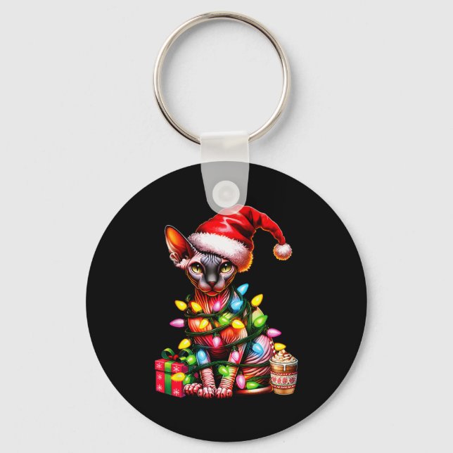 Pet Animal Lovers Cute Sphynx Cat Reindeer Antlers Key Ring (Front)